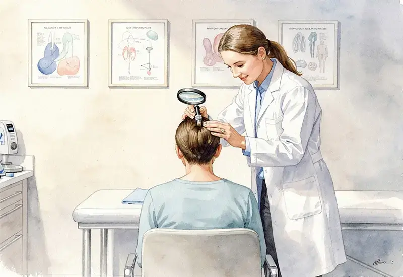 Dermatologue examinant le cuir chevelu d'un patient lors d'une consultation pour déterminer le traitement anti-chute personnalisé