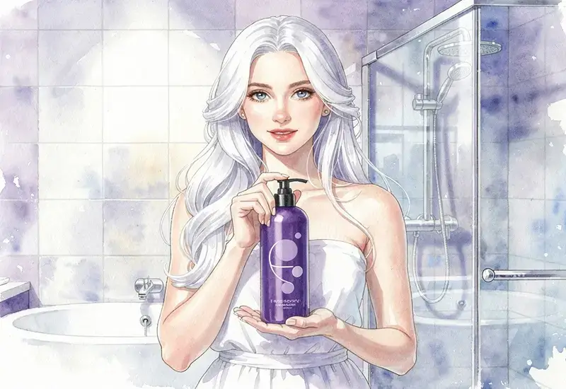 Femme aux cheveux blancs argentés tenant un flacon de shampoing dans sa salle de bain moderne