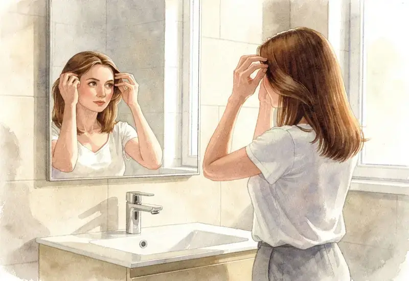 Femme aux cheveux châtains examinant ses cheveux dans un miroir de salle de bain pour déterminer son type capillaire