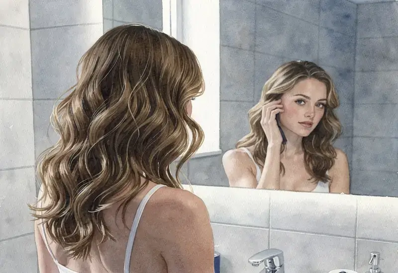 Photo d'une femme observant ses cheveux ondulés de différentes textures dans un miroir de salle de bain pour identifier son type capillaire