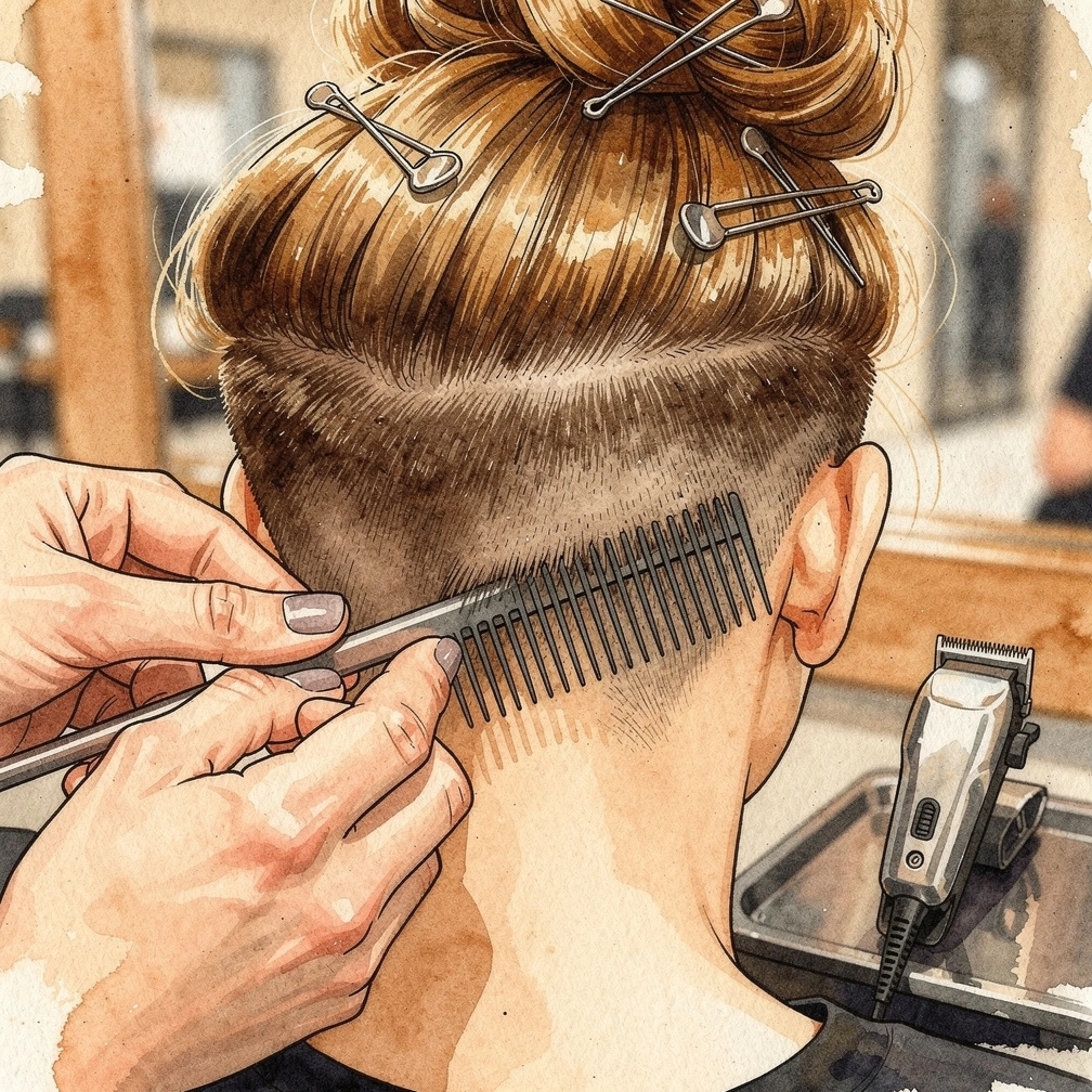 Gros plan sur la délimitation précise d'un undercut féminin en cours de réalisation, peigne et barrettes visibles