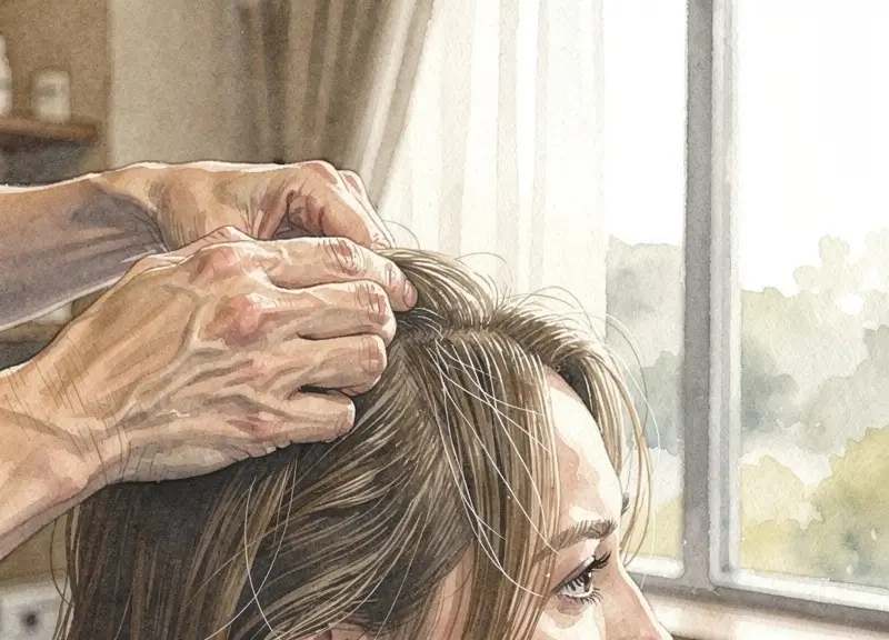 Coiffeur examinant attentivement les cheveux d'une cliente en lumière naturelle près d'une fenêtre