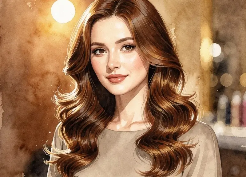 Femme aux boucles ondulées réalisées avec un lisseur, cheveux châtains brillants et volumineux