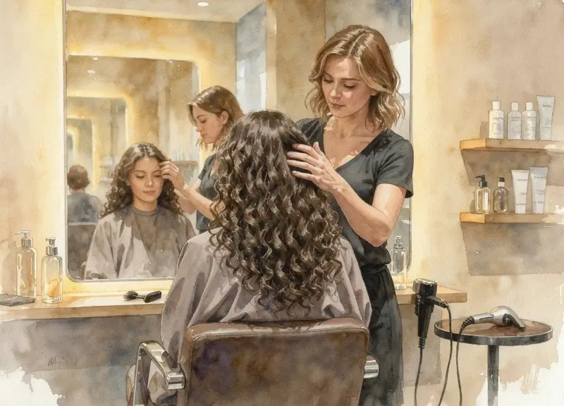 Femme assise dans un fauteuil de salon de coiffure face à un miroir pendant une consultation