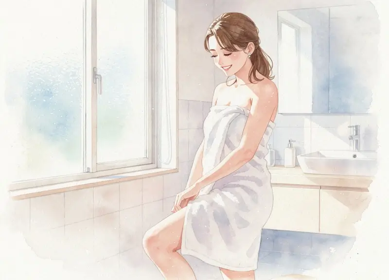 Femme satisfaite après épilation définitive au laser Une femme souriante dans une salle de bain lumineuse admirant ses jambes lisses après épilation définitive.