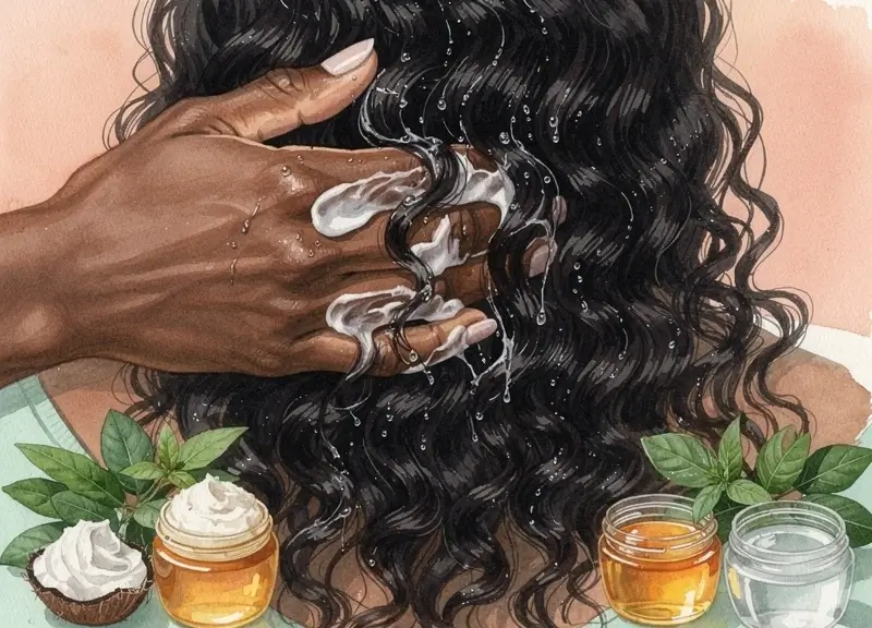 Gros plan sur des boucles spiralées brillantes et hydratées avec application de soin nourrissant