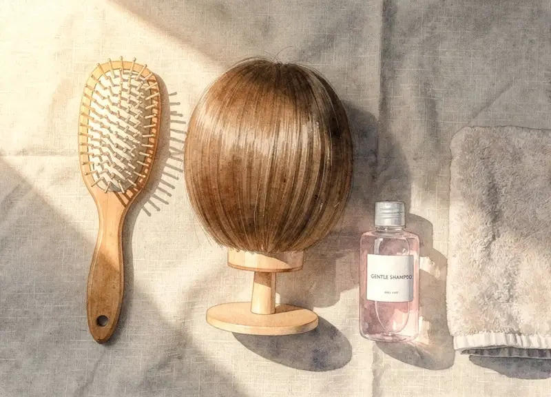 Support à perruque, brosse douce et shampooing pour une routine d'entretien complète