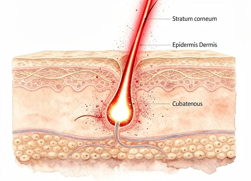 Laser ciblant le follicule pileux en profondeur Vue en coupe de la peau montrant un faisceau laser rouge ciblant précisément le bulbe d'un follicule pileux.