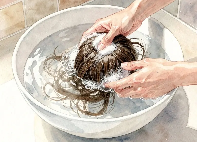 Mains lavant délicatement une perruque en cheveux naturels dans un bol d'eau claire