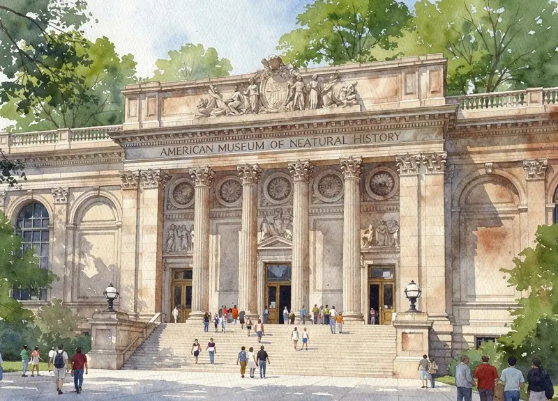 Museum d'Histoire Naturelle de New York Facade imposante du Museum d'Histoire Naturelle de New York avec des visiteurs sur les marches et des arbres en arriere-plan.