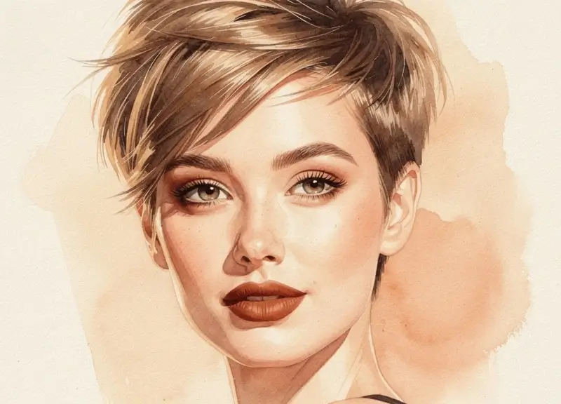 Portrait femme coupe pixie courte avec maquillage soigné qui sublime ses traits