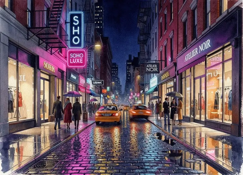 Quartier de SoHo la nuit a New York Rue animee de SoHo la nuit avec des boutiques de luxe illuminees, des paves mouilles et des passants elegants.