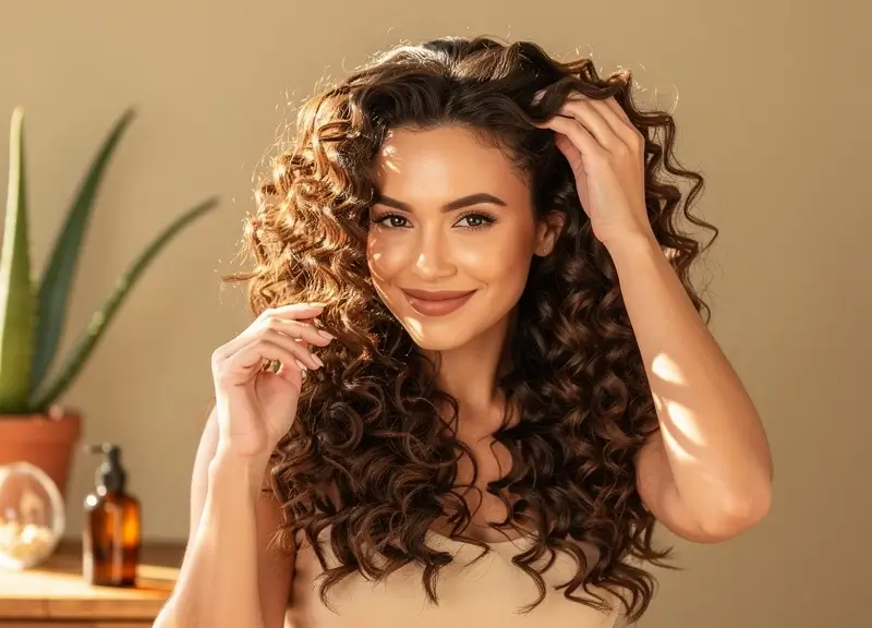 Femme aux cheveux bouclés bien définis se coiffant avec soin dans une lumière naturelle dorée