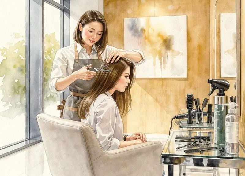 Coiffeuse professionnelle coiffant une cliente dans un salon moderne et lumineux