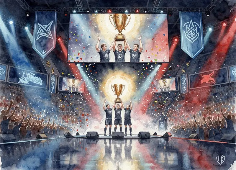 Finale mondiale esport - une équipe soulève le trophée Équipe esport soulevant un trophée lumineux sur scène lors d'une finale mondiale devant des milliers de spectateurs en liesse