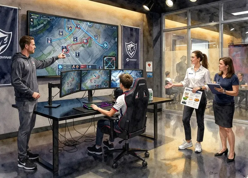 L'encadrement sportif professionnel d'un joueur esport Joueur esport concentré entouré d'un coach, d'un diététicien et d'un psychologue dans une salle d'entraînement moderne